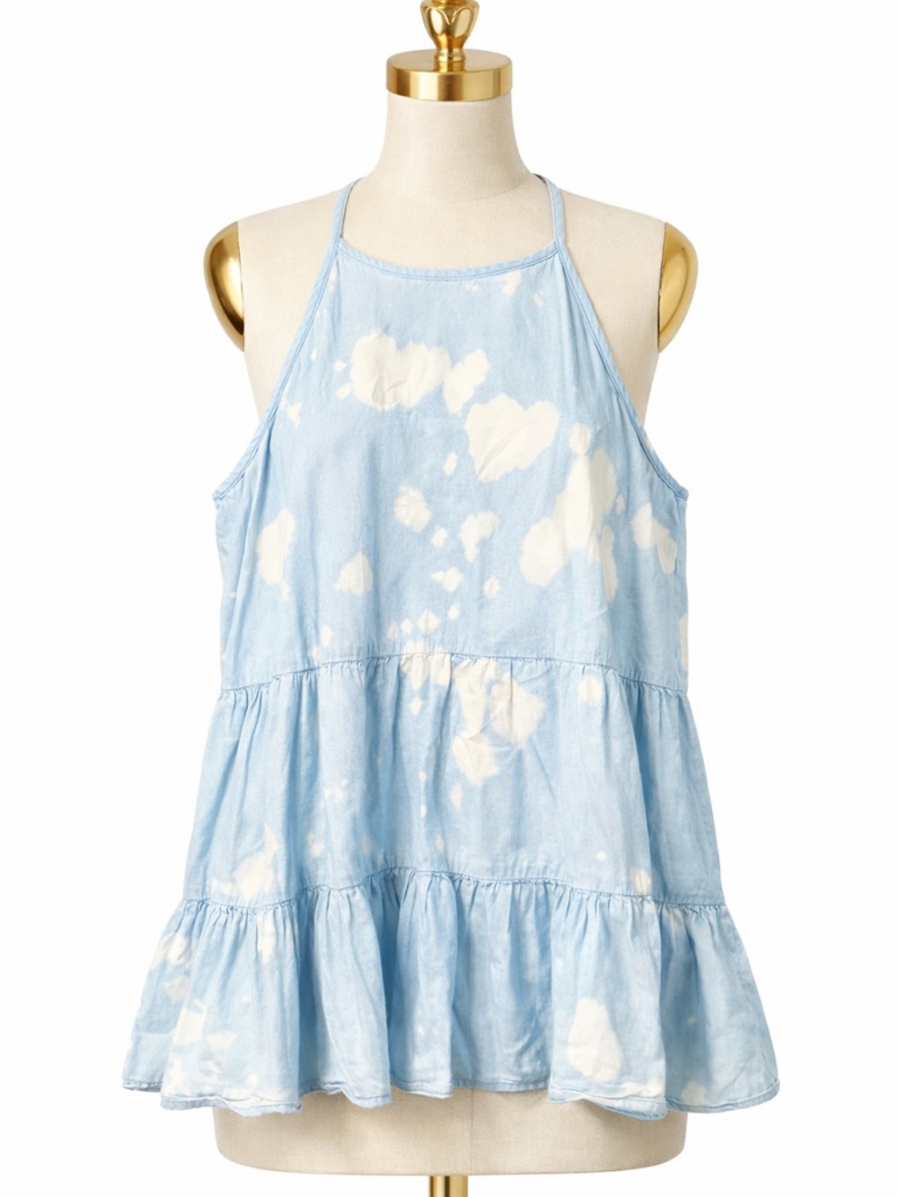 Tie‎ Dye Chambray Tiered Tank Top | Blue & White Halter Neck Flowy Boho Blouse
